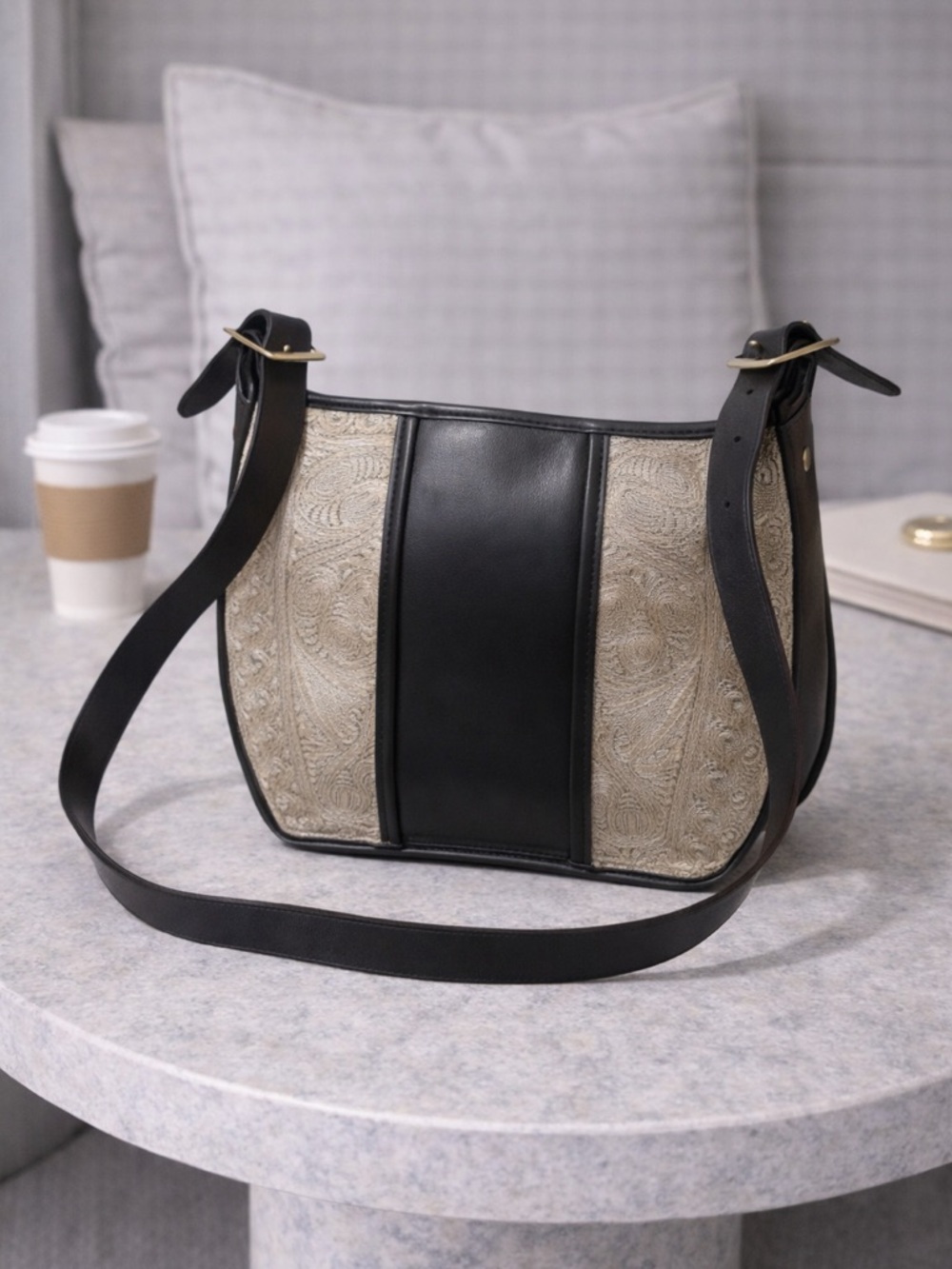 Vintage Albano Black Leather Gold Brocade Shoulder Bag saddle bag statement